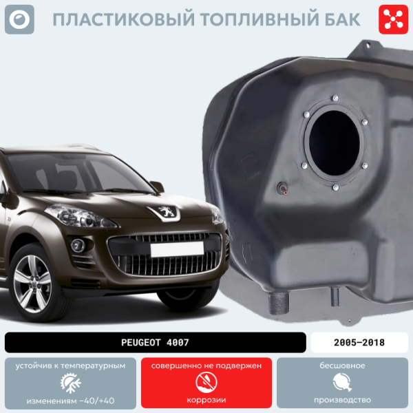 Пластиковый бензобак Peugeot 4007, 2005-2018 г.в. (BP) -  50 л.